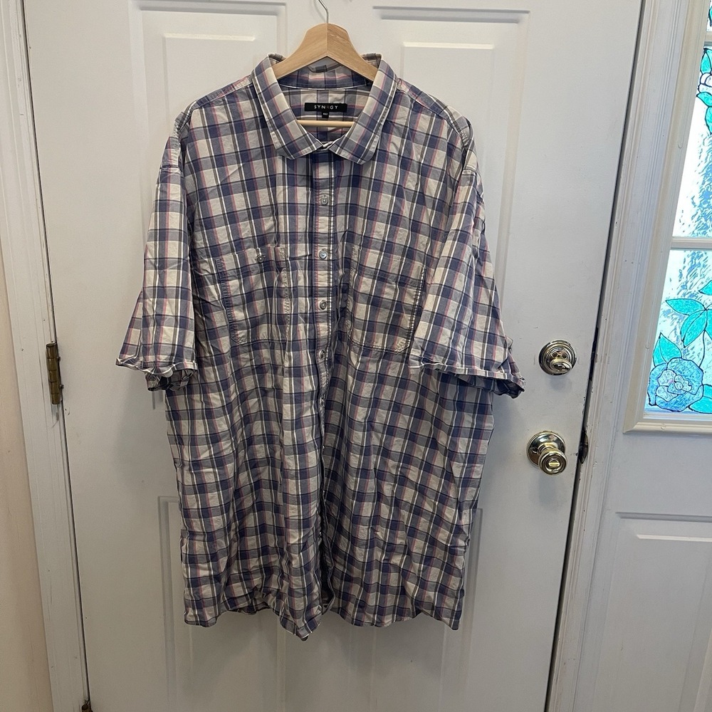 Synrgy Button Up Shirt Mens 4XLT Short Sleeve Blue Pink Plaid‎